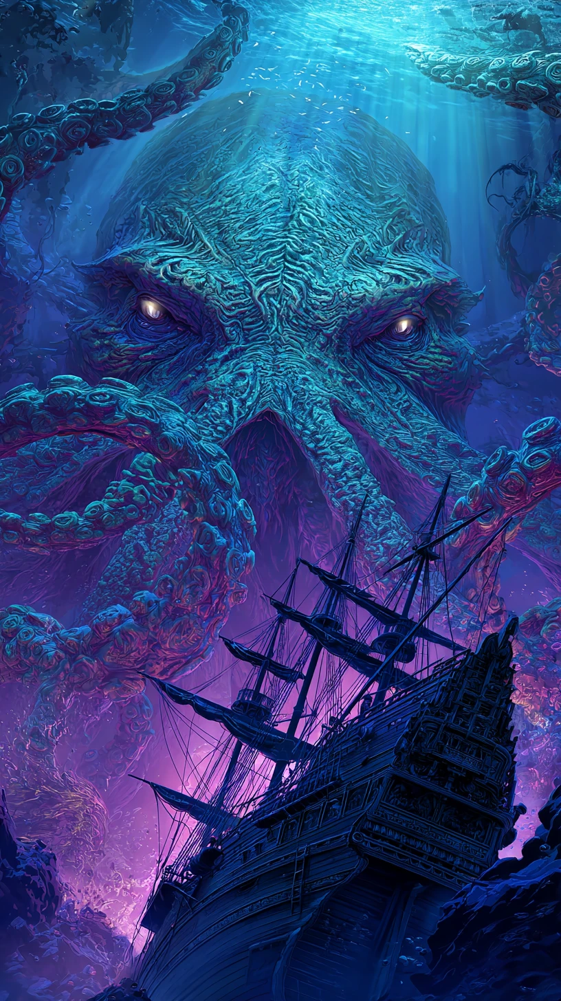 Colossal Kraken Enveloping A Sunken Pirate Ship Underwater