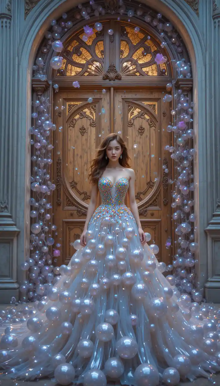 Young woman in a bubble gown before a shimmering doorway