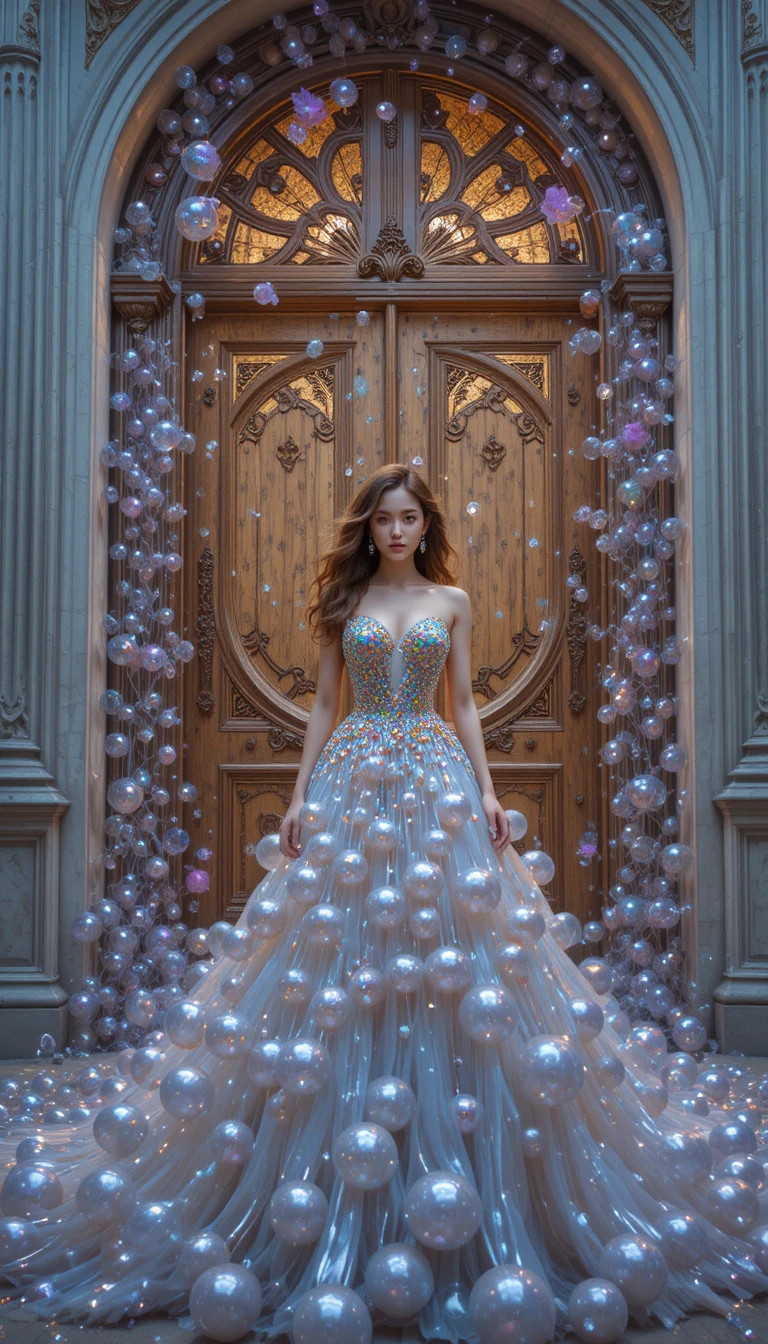 Young woman in a bubble gown before a shimmering doorway