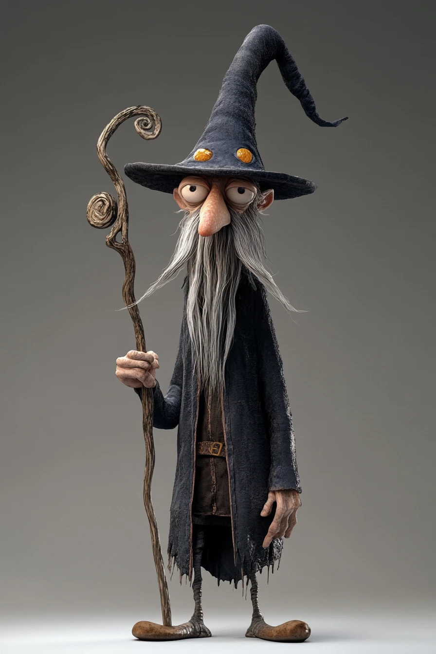 Tall goofy wizard with staff in 3D render style