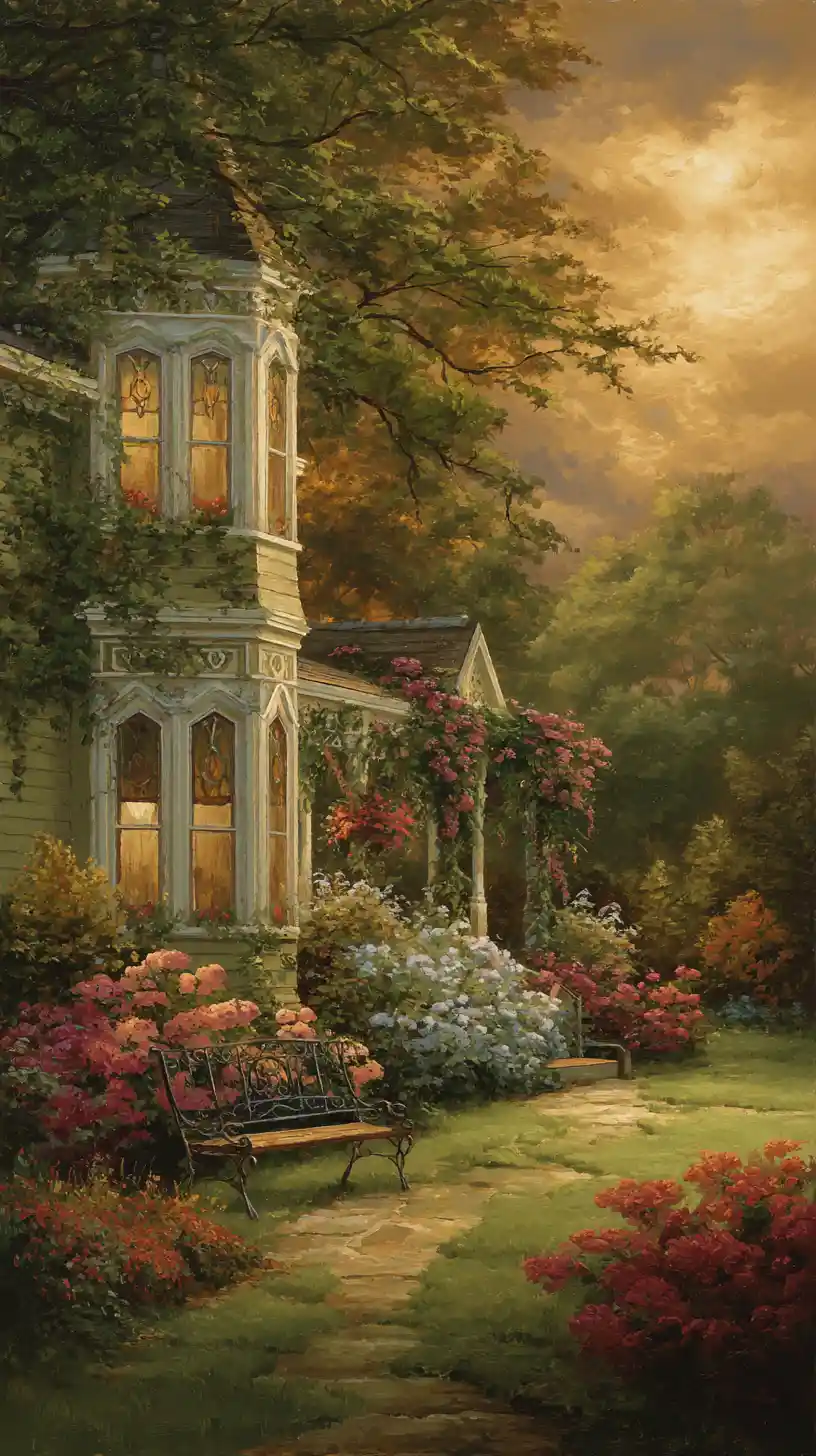 Mansão vitoriana em um jardim de verão exuberante ao pôr do sol