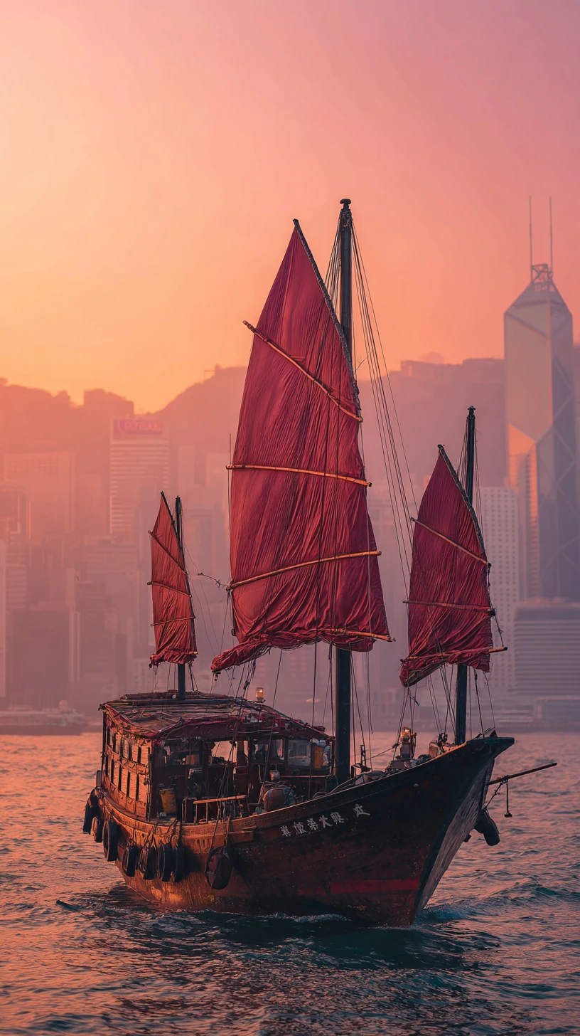 Gros plan sur une jonque de Hong Kong dans le port au coucher du soleil