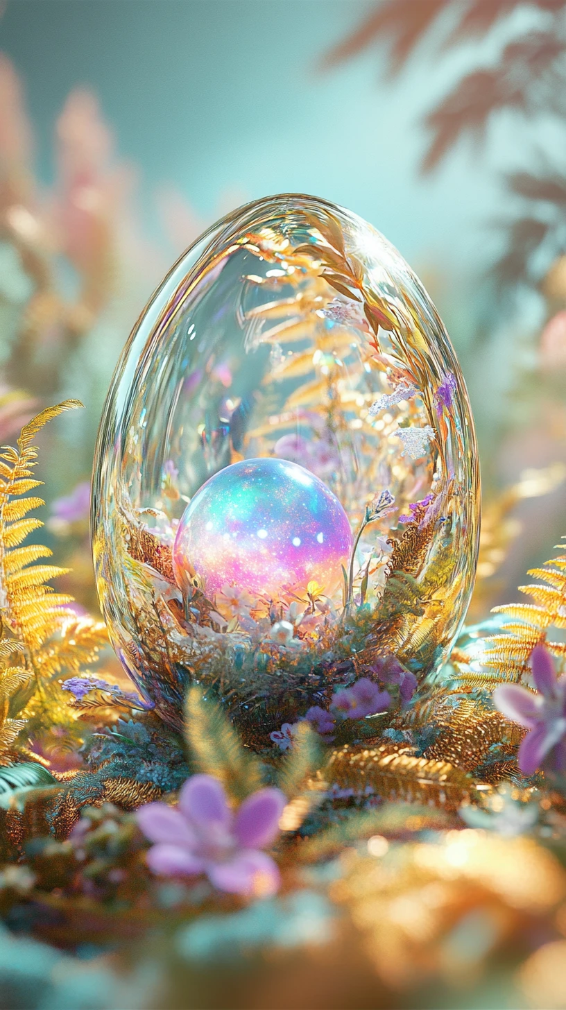 Iridescent glass egg holding a tiny inner galaxy