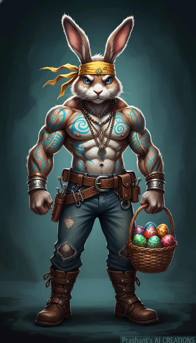 Muskulöser anthropomorpher Hase mit Osterkorb und Tattoos