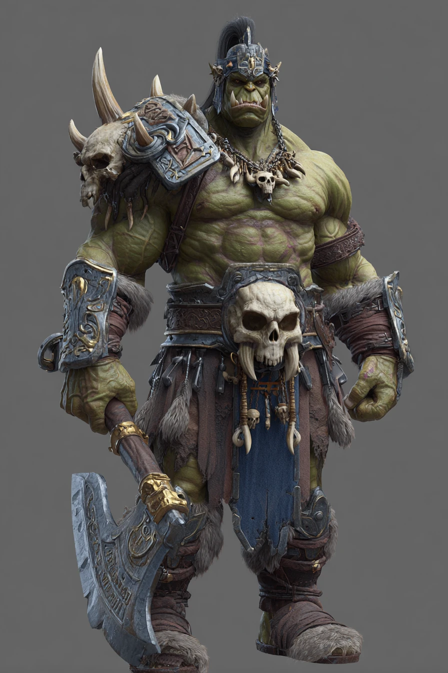 Poderoso general orc 3D com armadura de crânios e machado