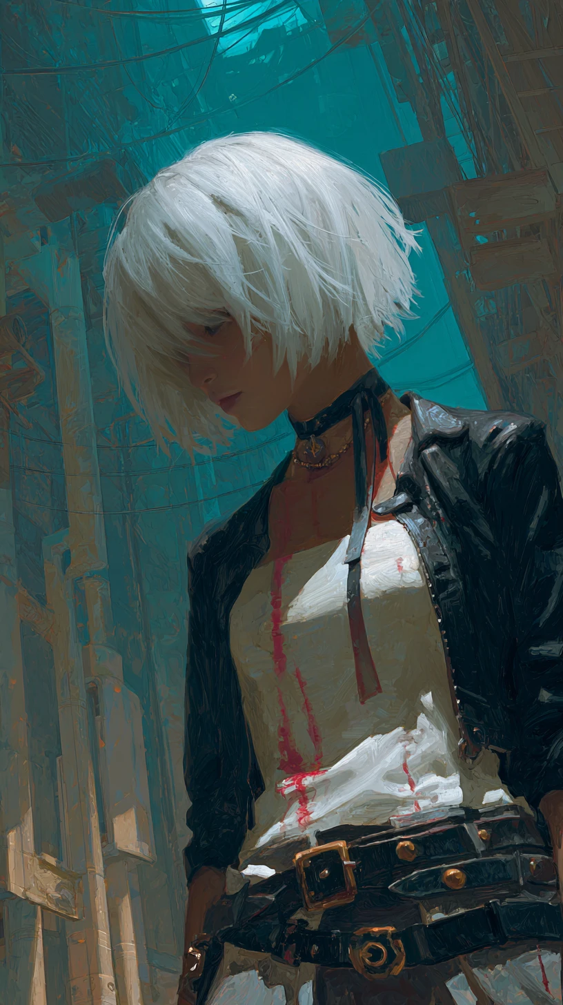 Ragazza anime con giacca di pelle in ombra e camicetta macchiata di sangue