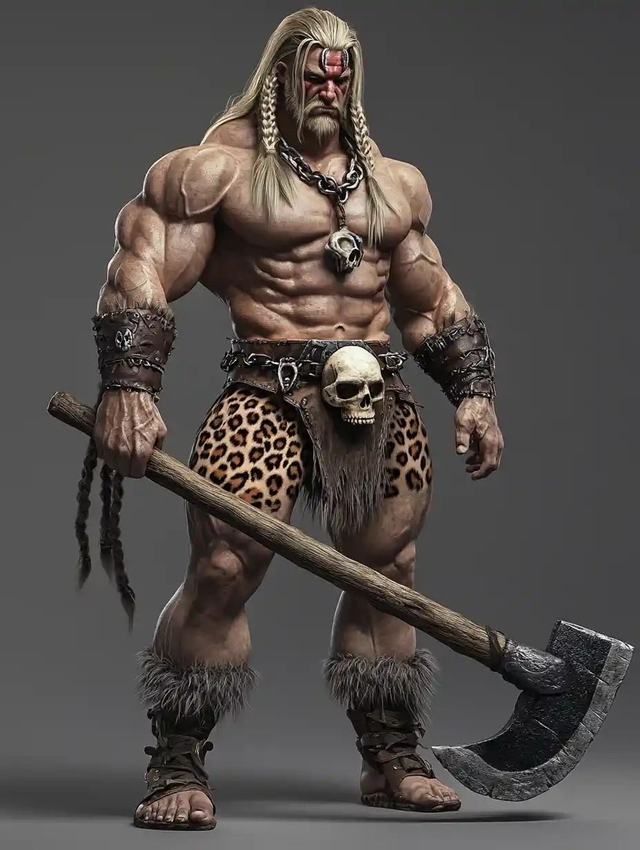 Muscular barbarian with battle axe in 3d render style