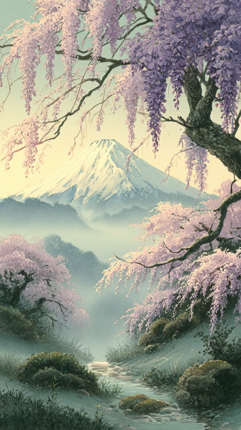櫻花與柔和天空下的神聖山景