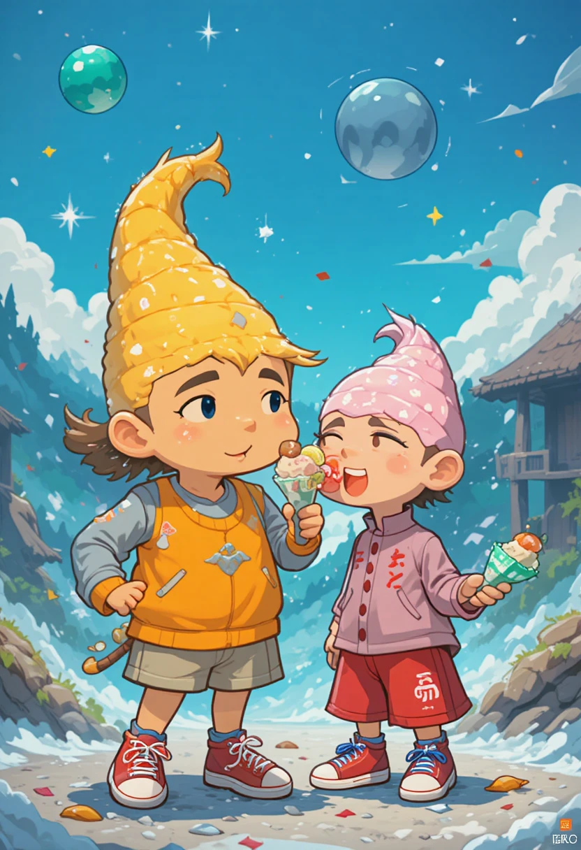 Personaggio cartoon che gusta un gelato in uno stile vettoriale giocoso