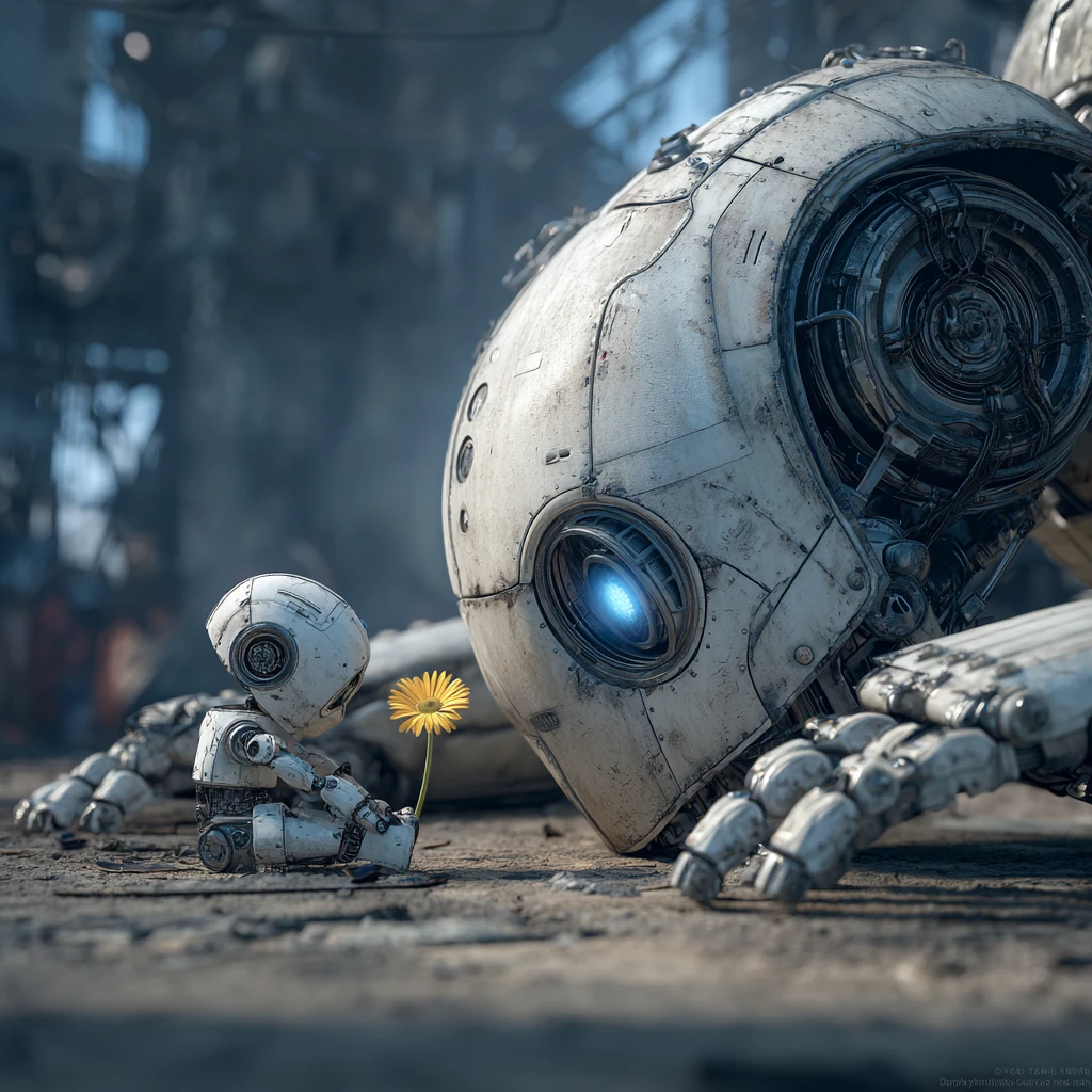 Robô gigante e bot infantil observando uma única margarida