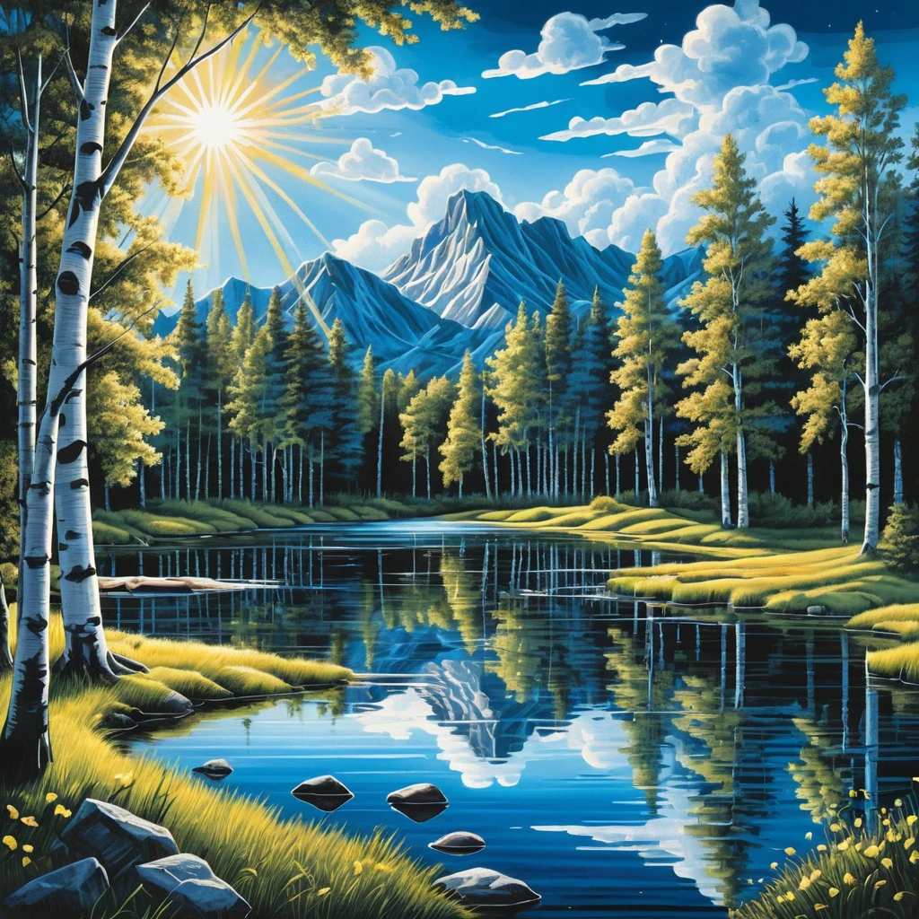 Lago de floresta de verão com bétulas e luz solar intensa