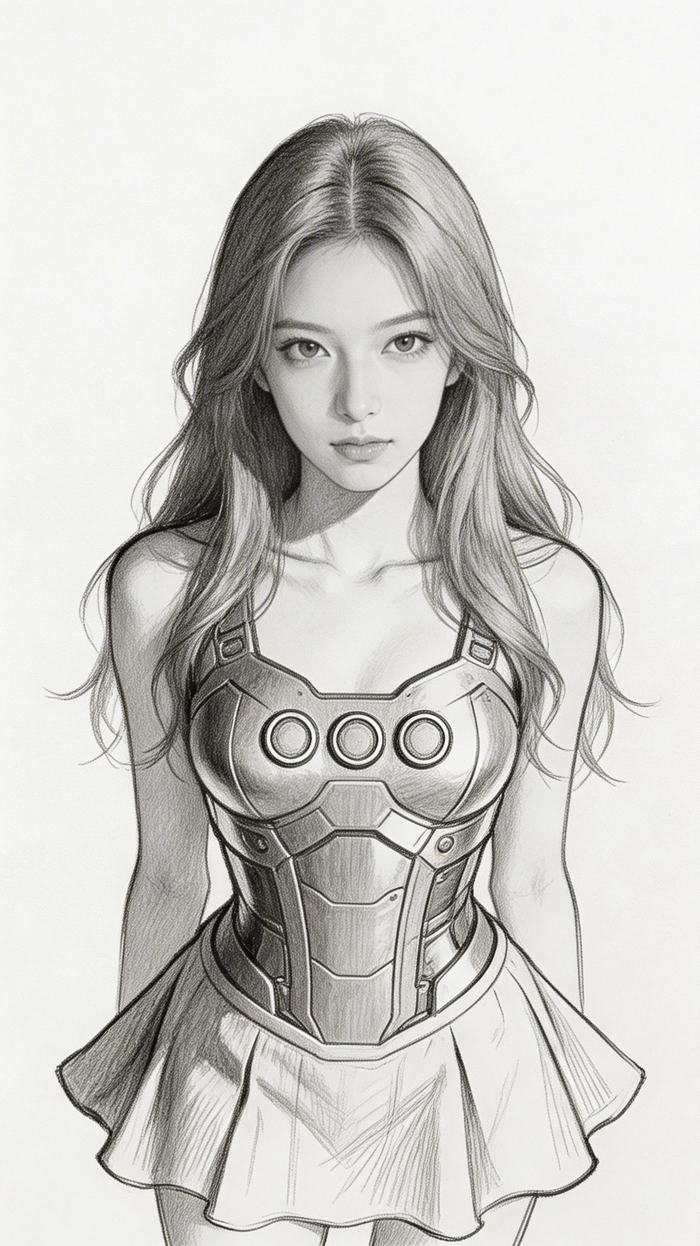 Pencil portrait of a armored girl with calm direct gaze