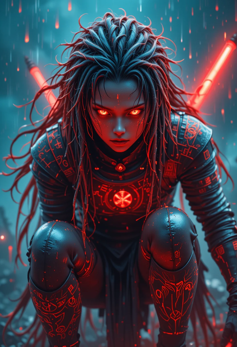 Warrior woman with glowing dreadlocks in the rain
