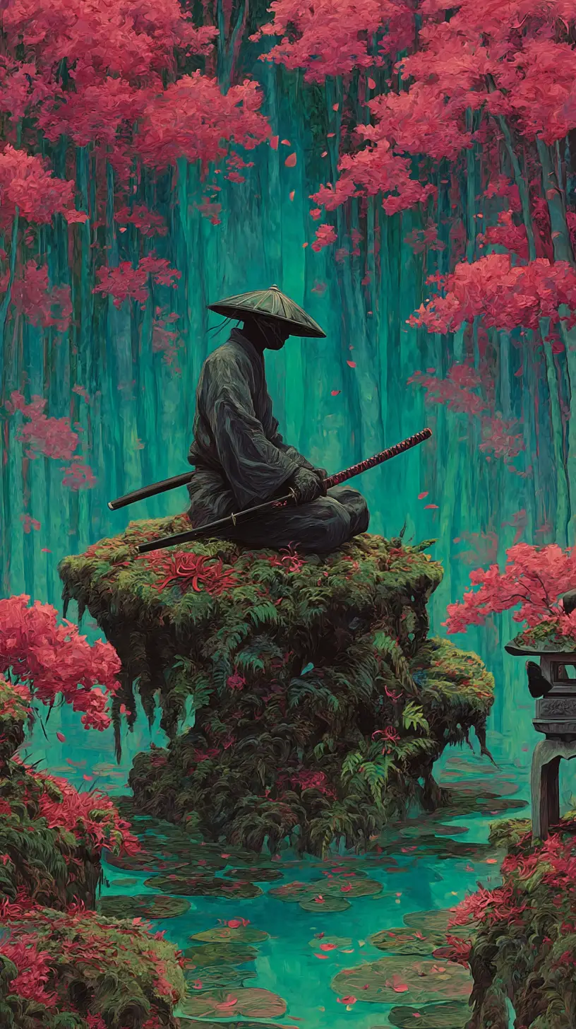 孤獨武士在靜謐青綠森林水邊打坐