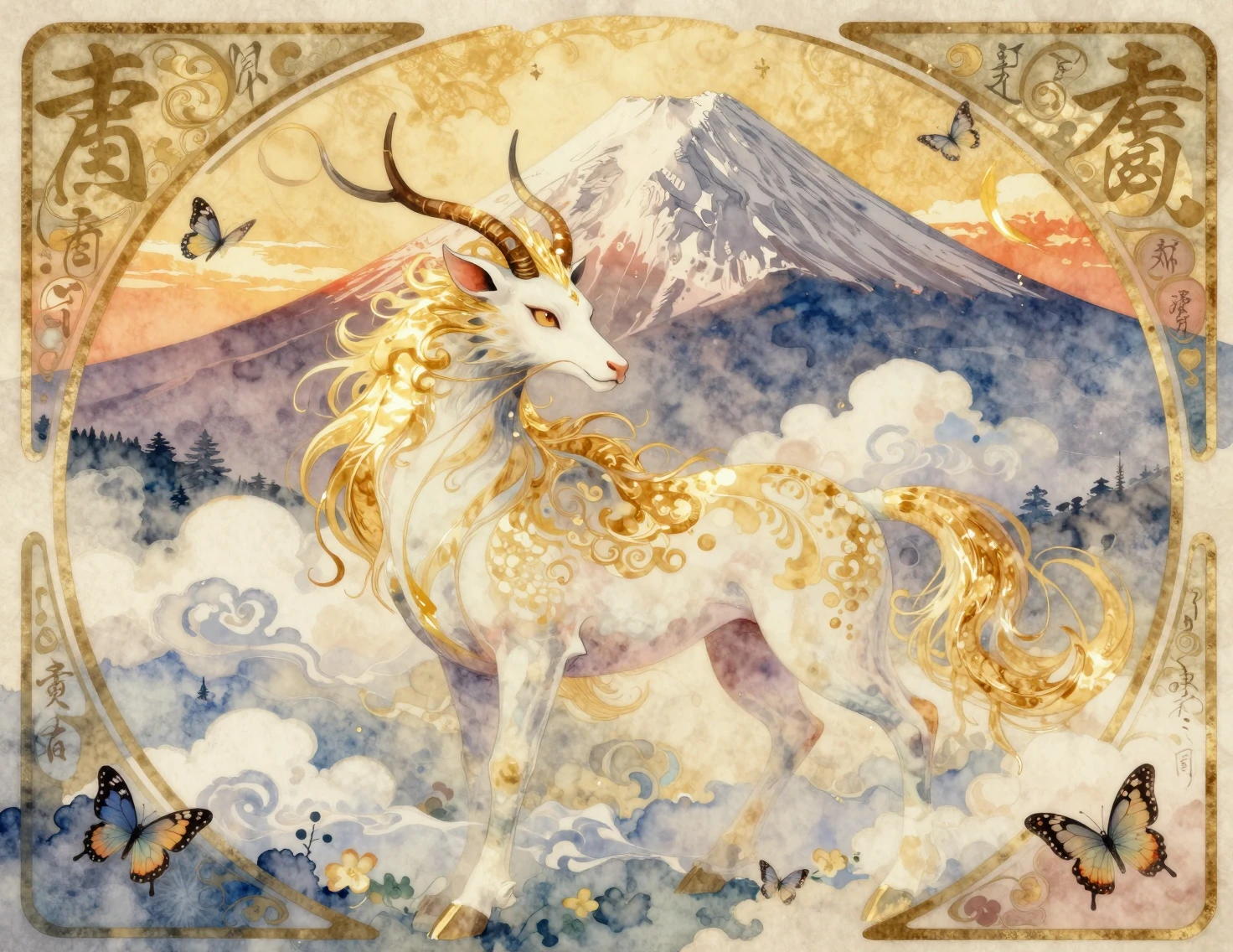 Kirin mitico davanti al Monte Fuji in una scena acquerello da sogno