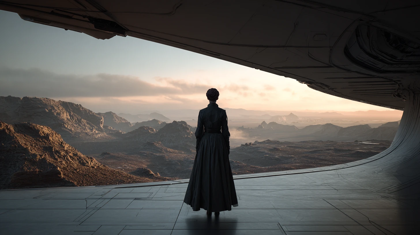 Noble baronesa de ciencia ficción dentro de una nave espacial futurista