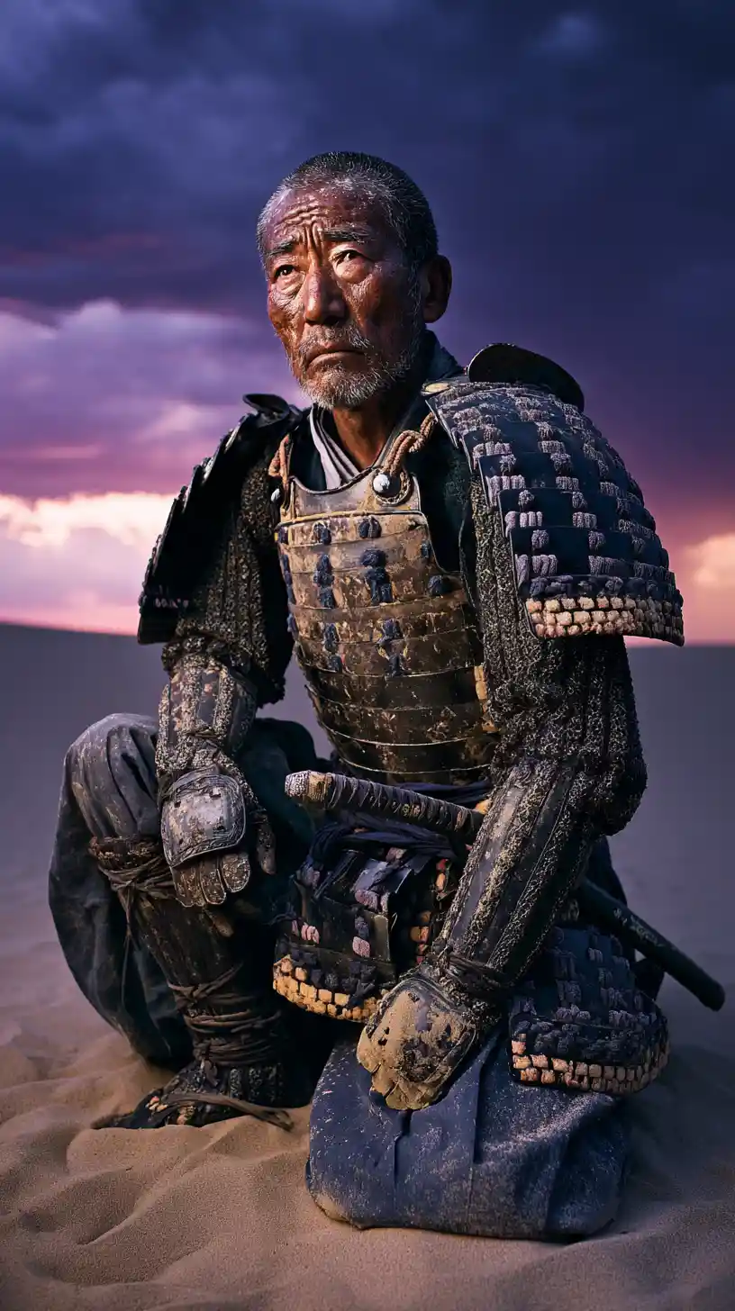 Exhausted samurai kneels in twilight sand after battle