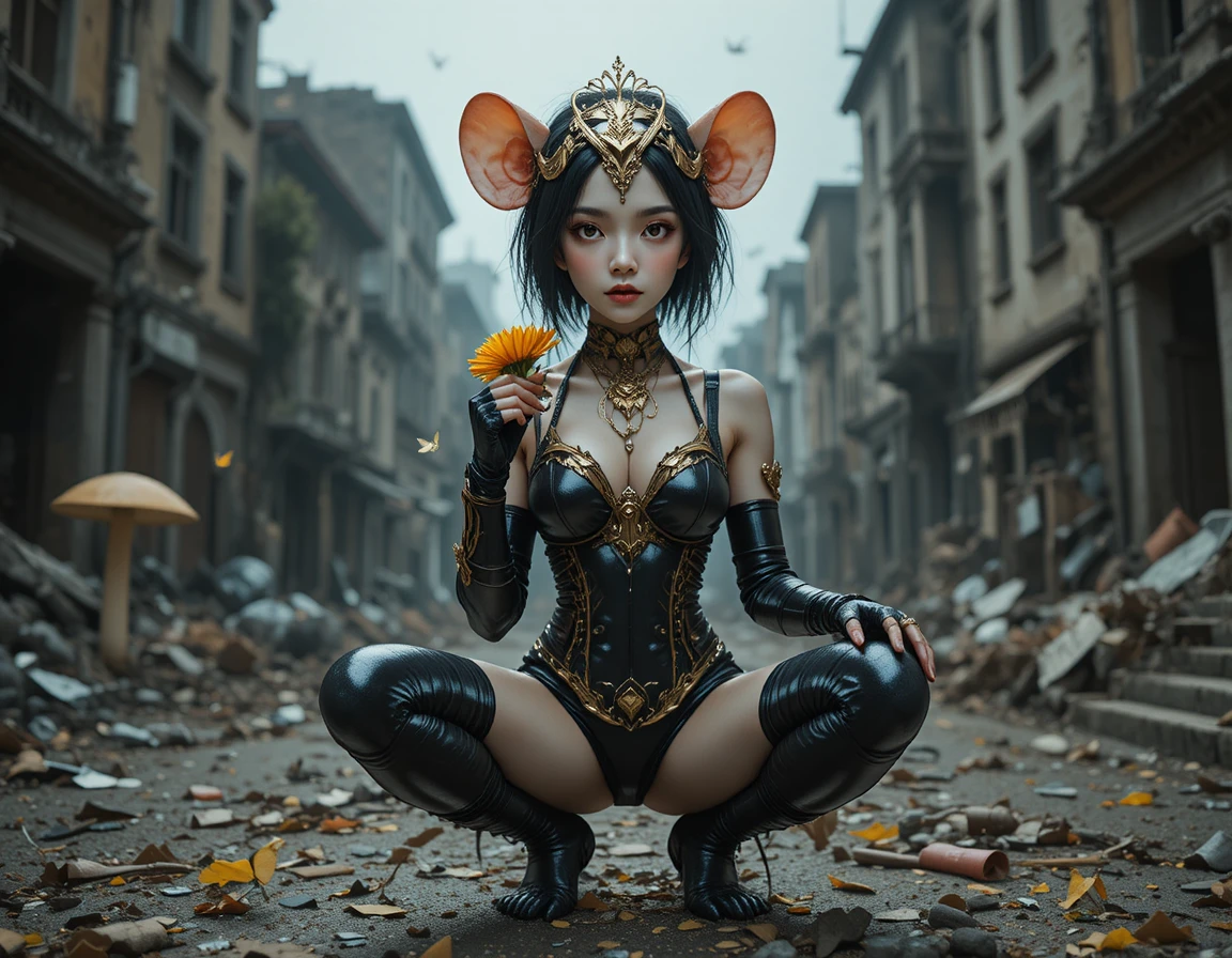 Gepanzerte weiße Maus mit Blume im Fantasy-Wald