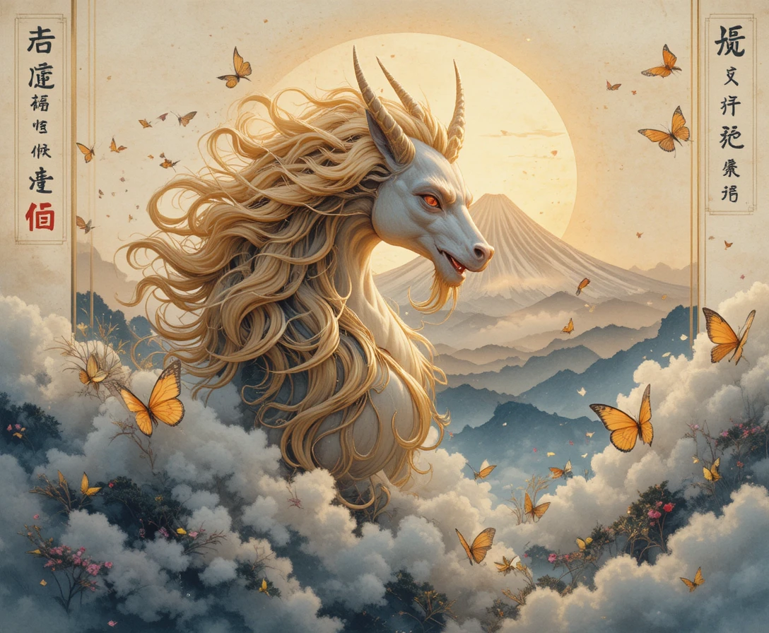 Kirin mitico davanti al Monte Fuji dorato in stile acquerello