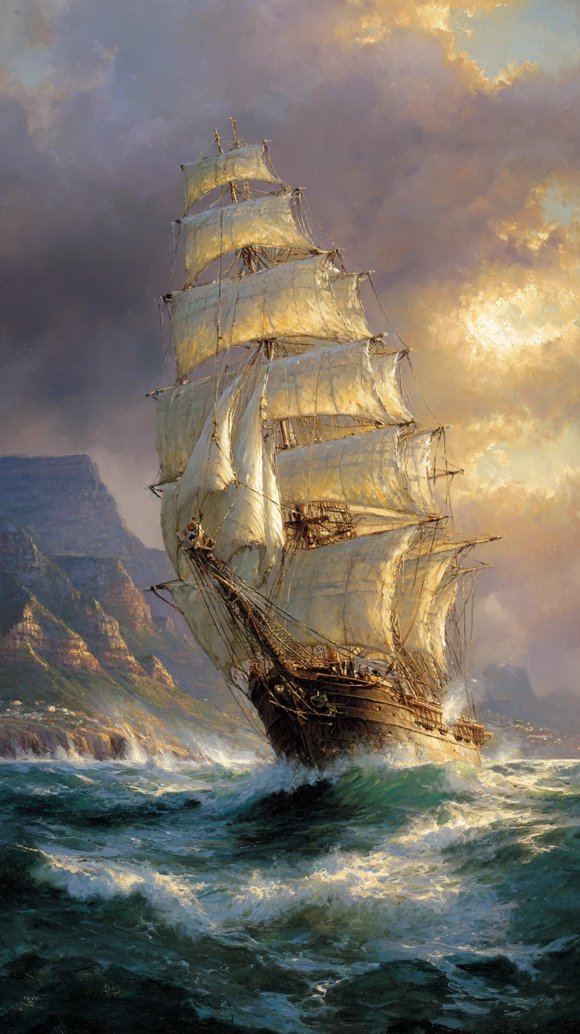 Imponente veleiro clipper enfrentando as ondas perto de Cape Point