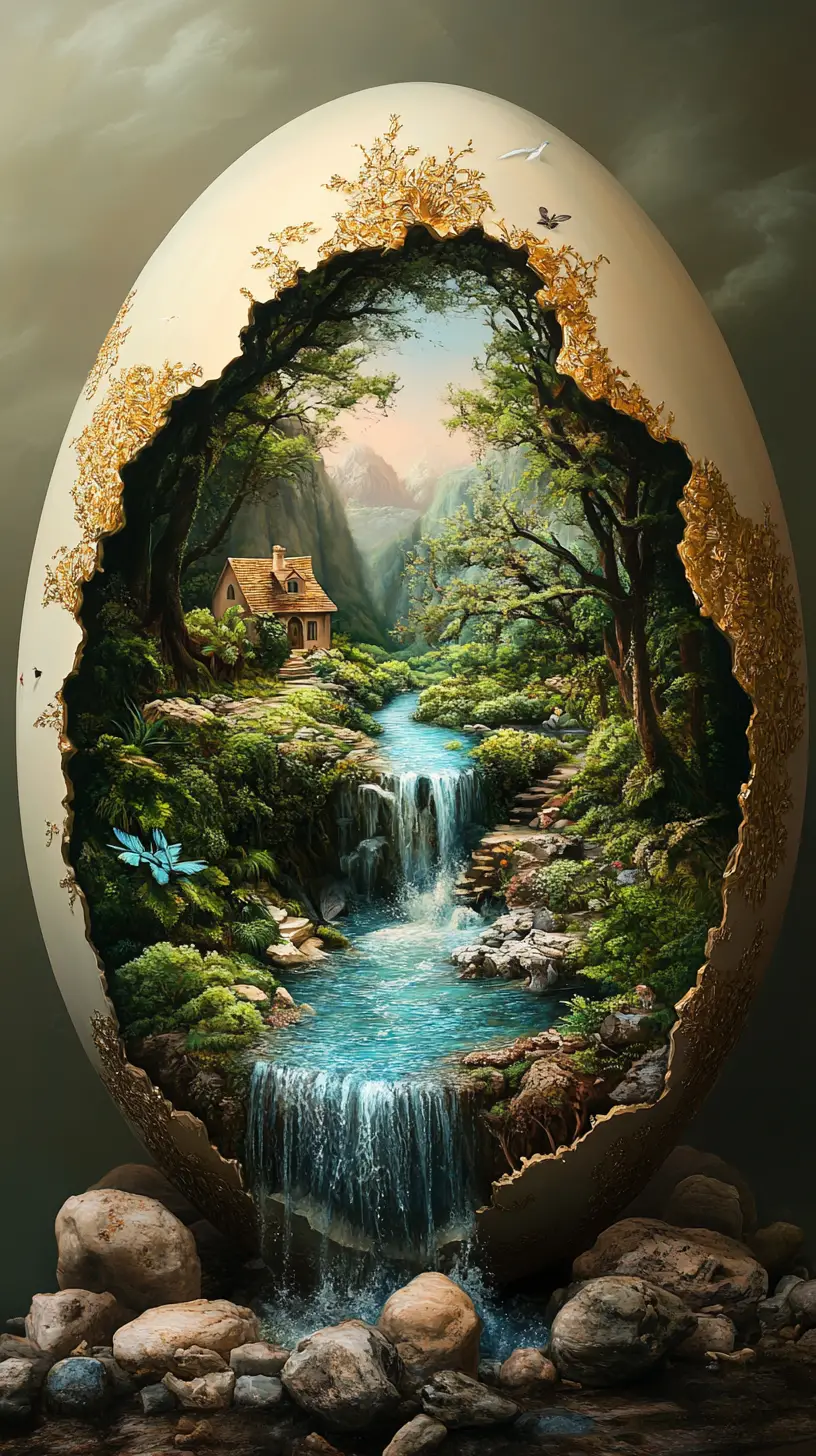 裝飾蛋殼中的奇幻山谷景觀