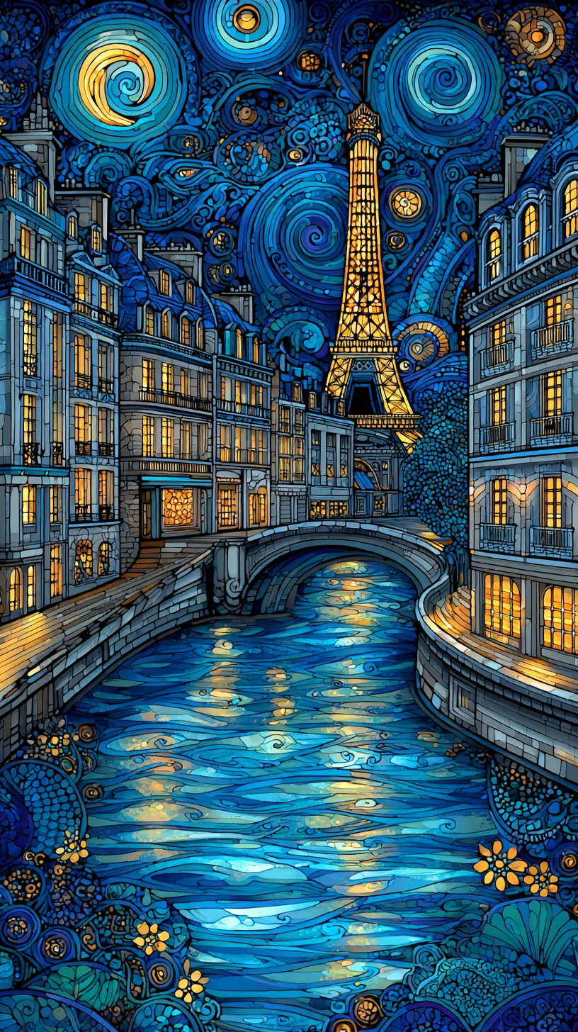 Riva dorata di Parigi sotto un cielo decorativo di mezzanotte