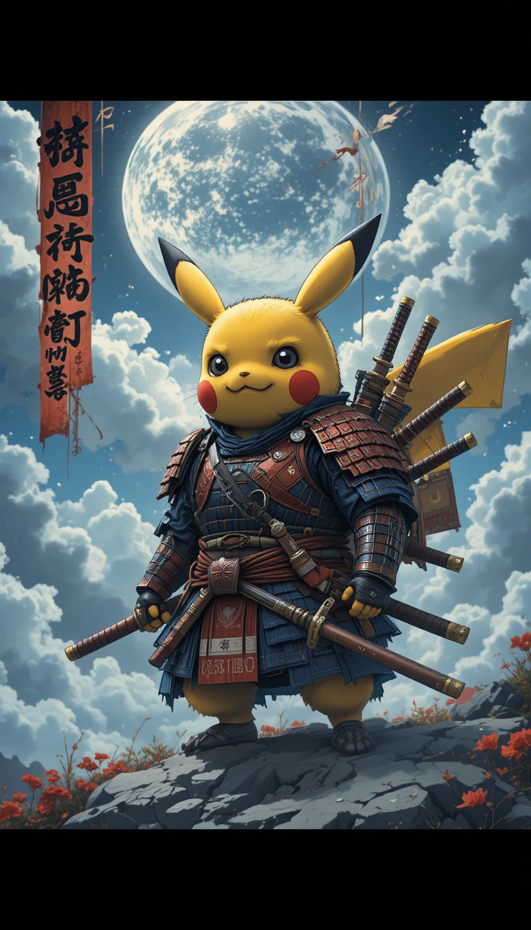 Guerriero Pikachu samurai sotto un drammatico cielo illuminato dalla luna