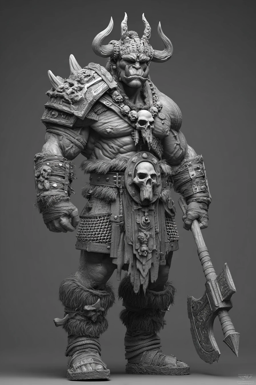 Poderoso senhor da guerra orc com armadura de caveiras e machado de batalha