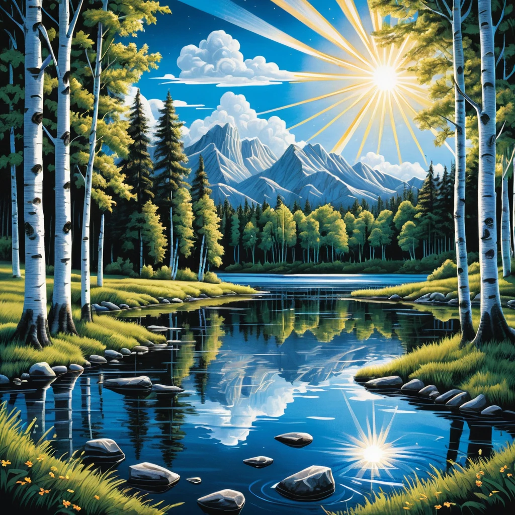 Illustration de lac forestier estival avec rayons de soleil et bouleaux