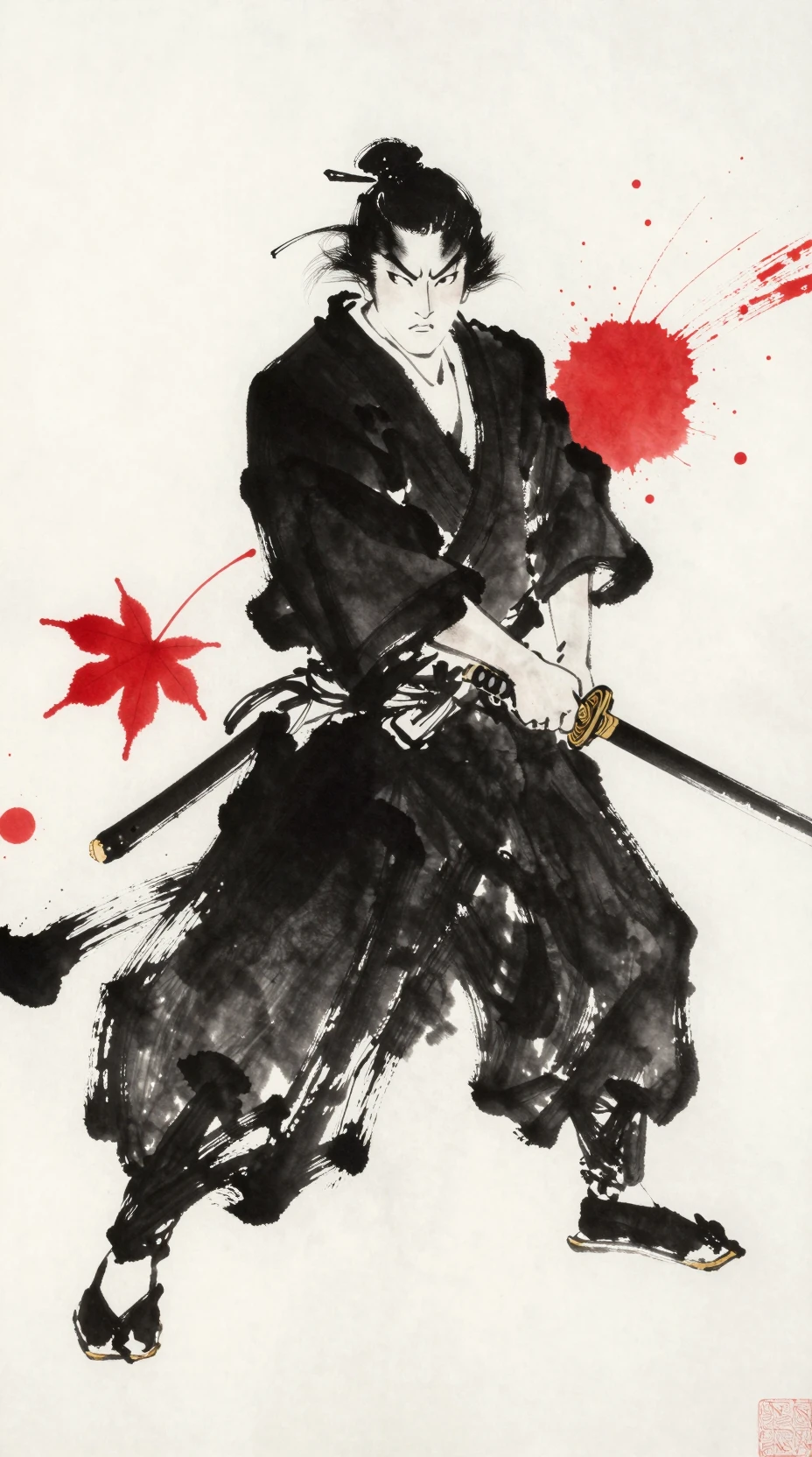 Ritratto di samurai feroce in audace inchiostro sumi e in movimento