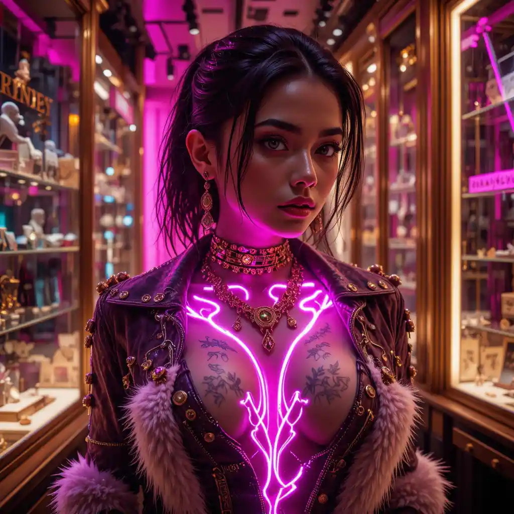 Cinematic woman in neon lit jewelry and steampunk workshop