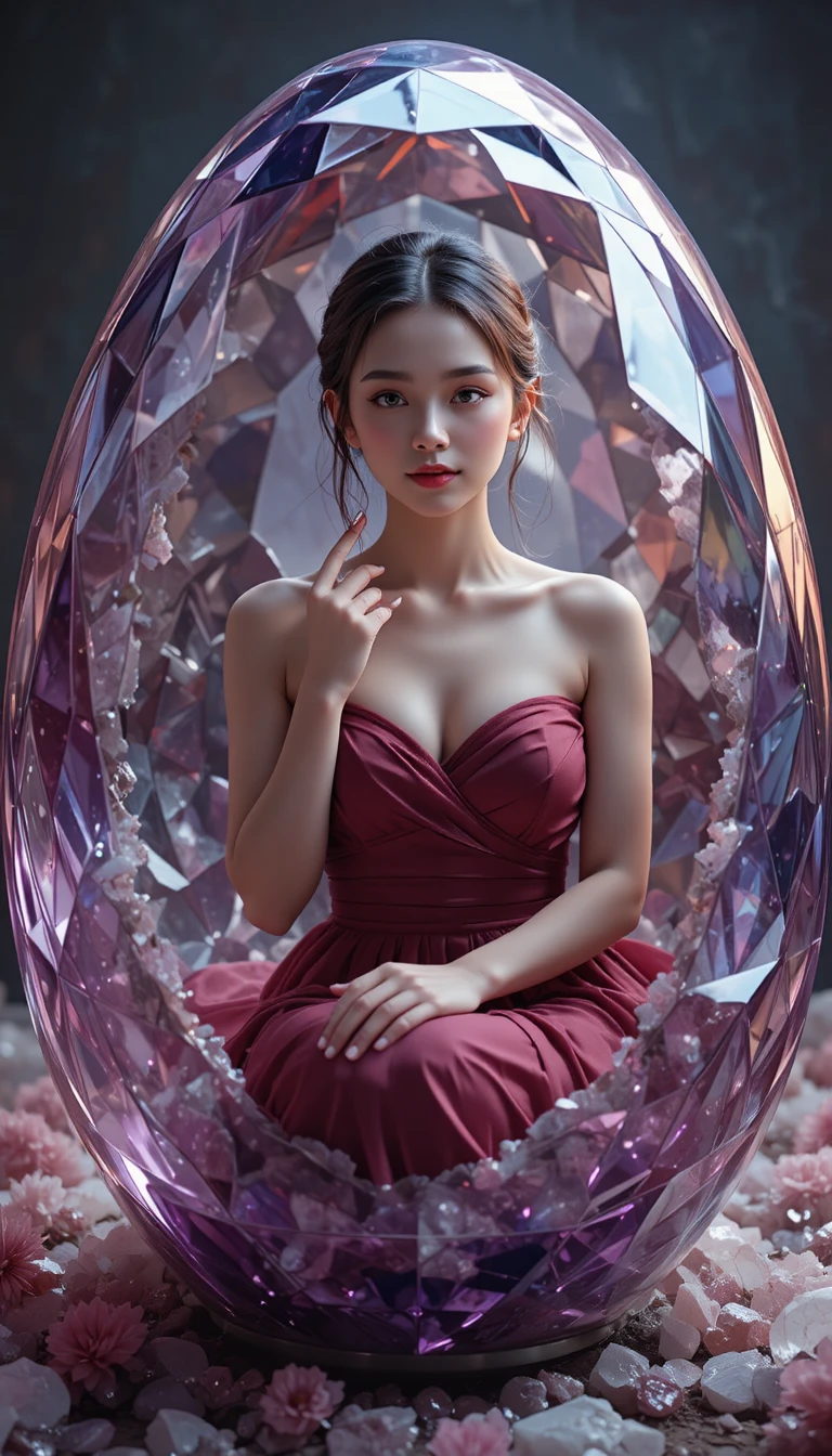 컷팅된 자수정과 루비 크리스탈 알 속에 앉아 있는 여성