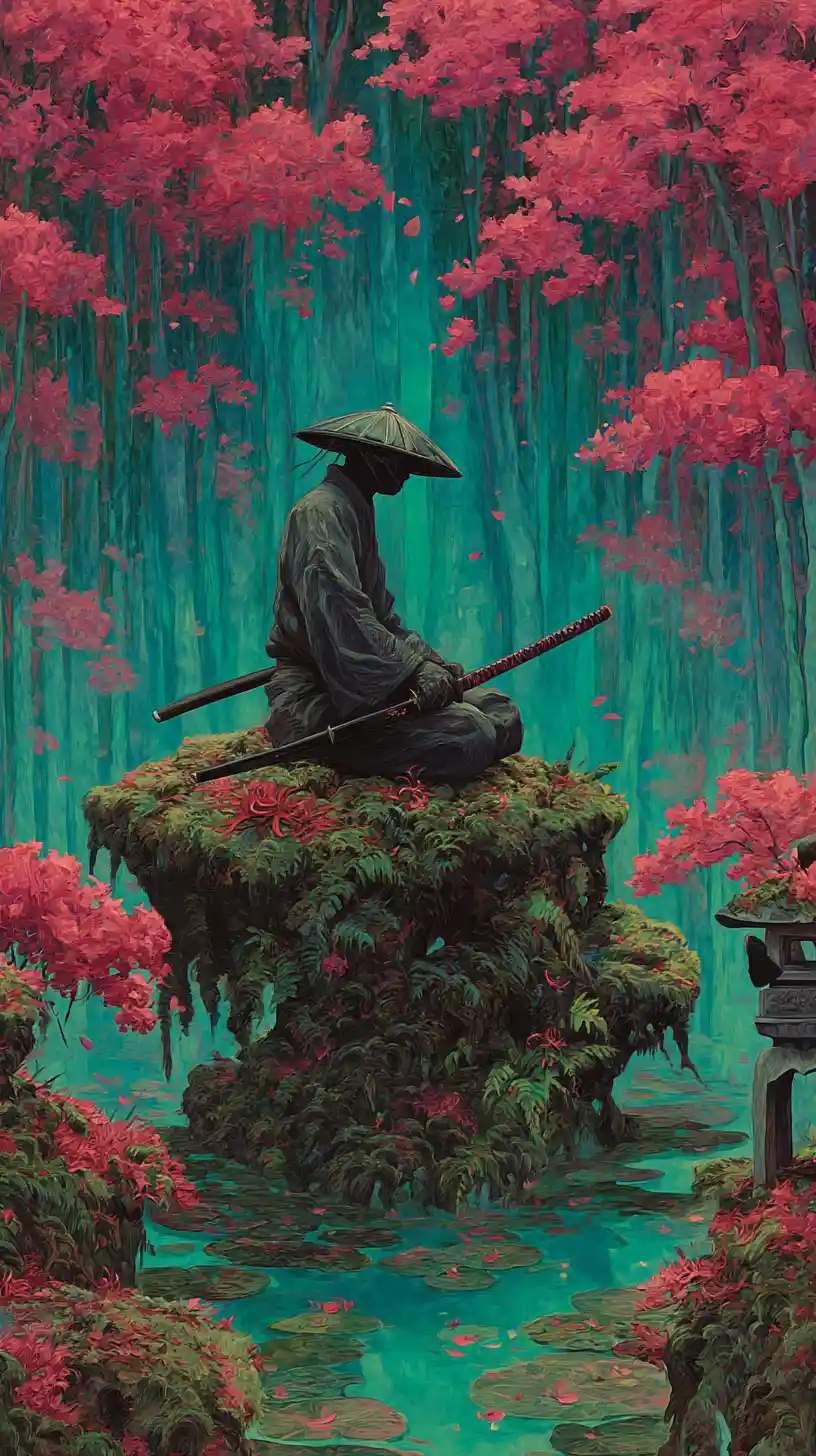 Samurai solitario che medita accanto a calme acque color verde acqua nella foresta