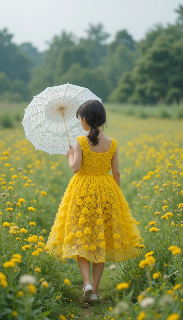 Ragazza con abito di soffioni che cammina in un prato verde