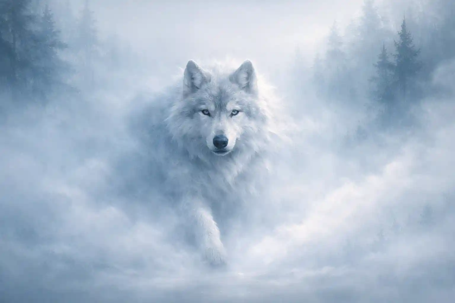 夢幻森林薄霧中現身的銀狼