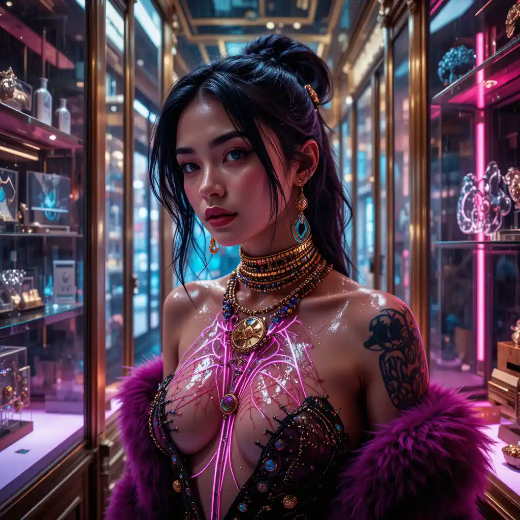 Cinematic woman in neon lit jewelry and steampunk workshop