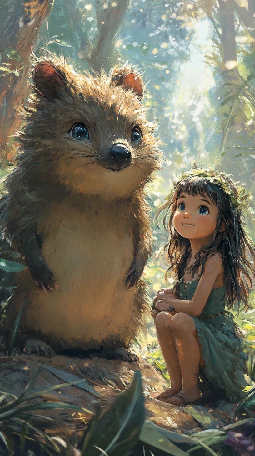 Ragazza e quokka in un tranquillo paesaggio fantasy dai toni pastello