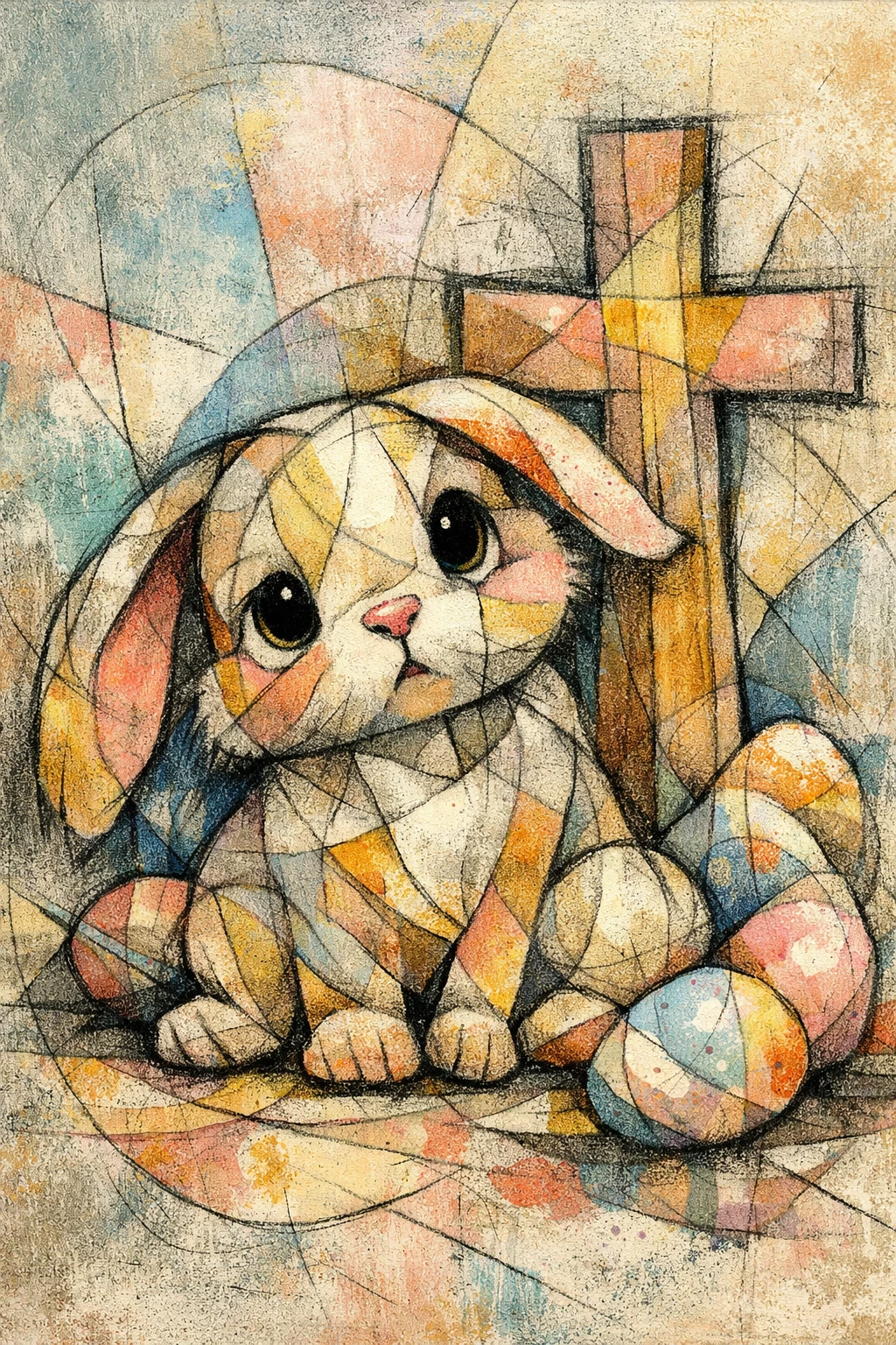 Coelhinho abstrato ao lado de cruz de Páscoa em retrato em tons pastéis