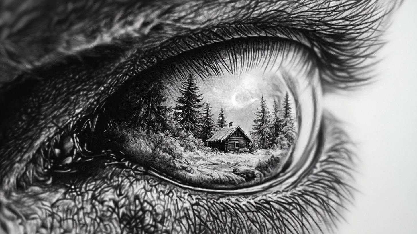 Olho de lobo surreal com floresta nevada refletida na íris