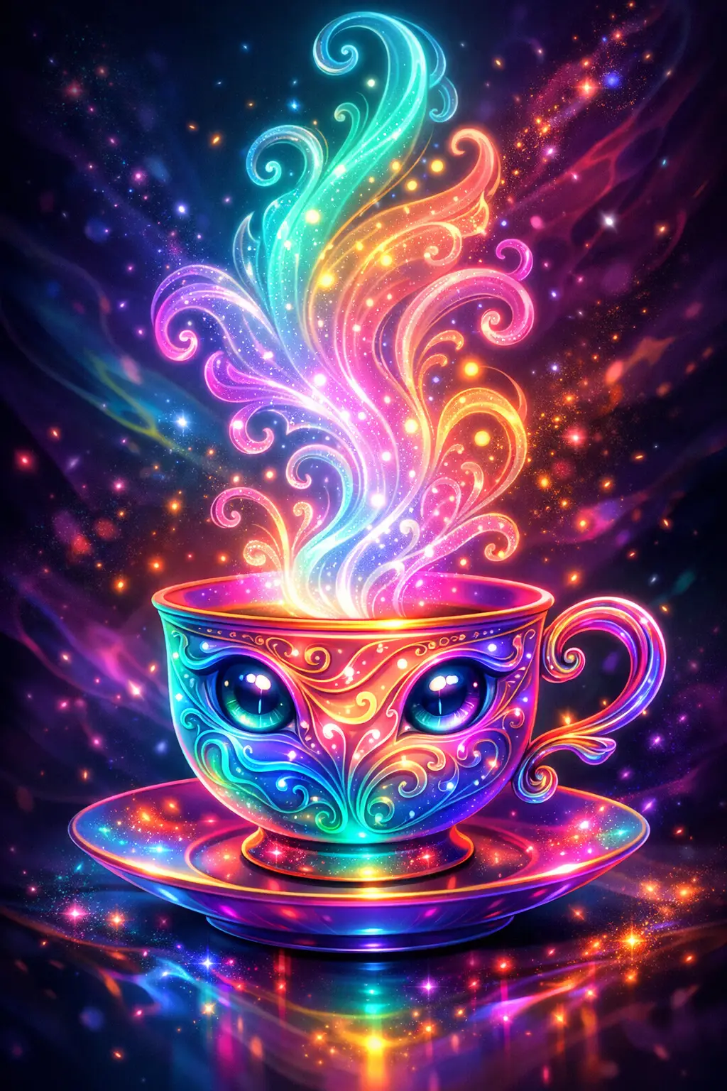 Glowing magical teacup with swirling neon rainbow steam