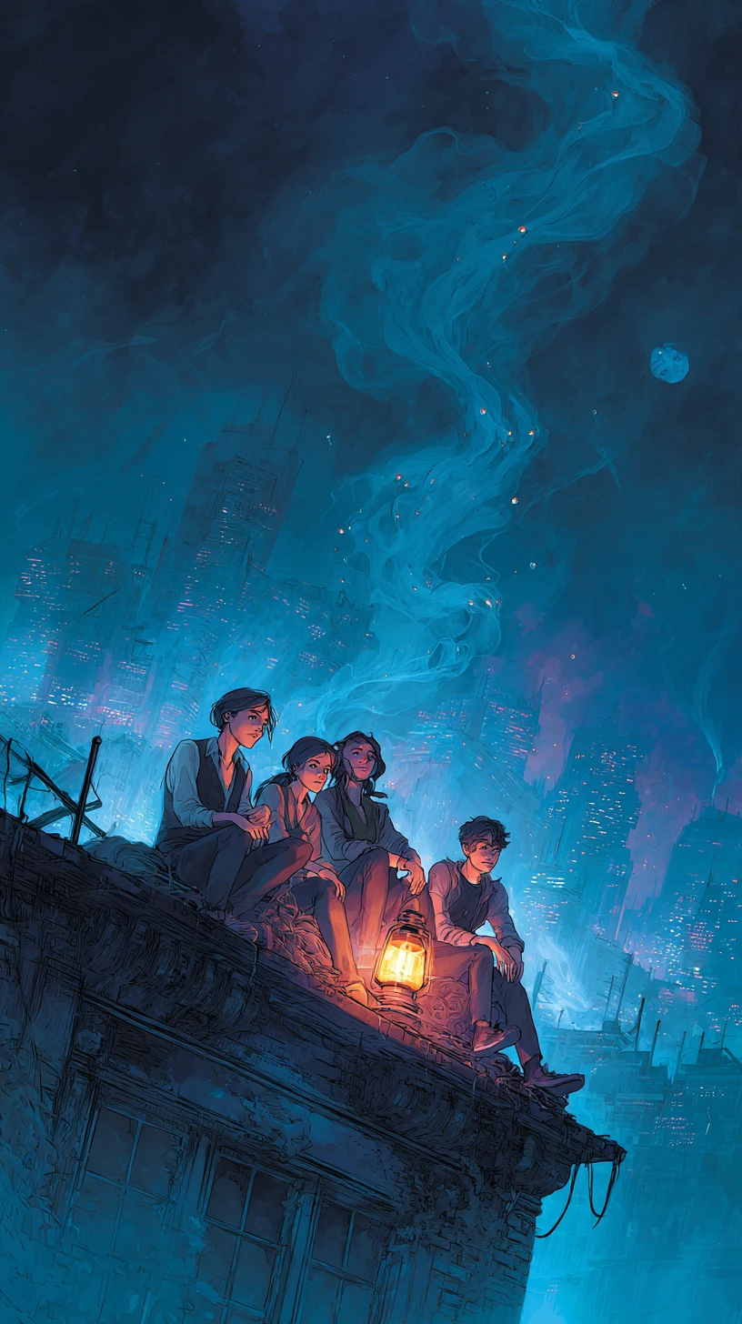 Five friends on a rainy rooftop under distant city lights