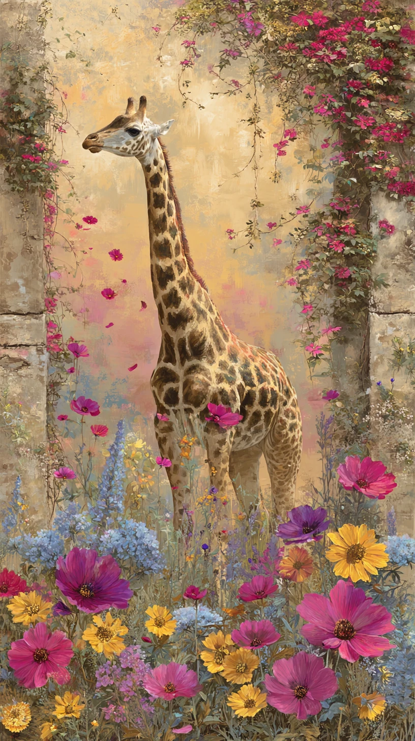 Giraffa surreale in un murale di prato di fiori selvatici