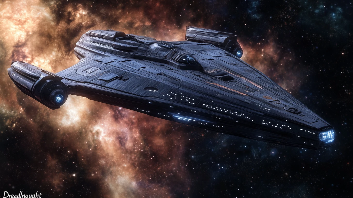 Massives Föderations-Dreadnought-Raumschiff kreuzt durch den Tiefenraum