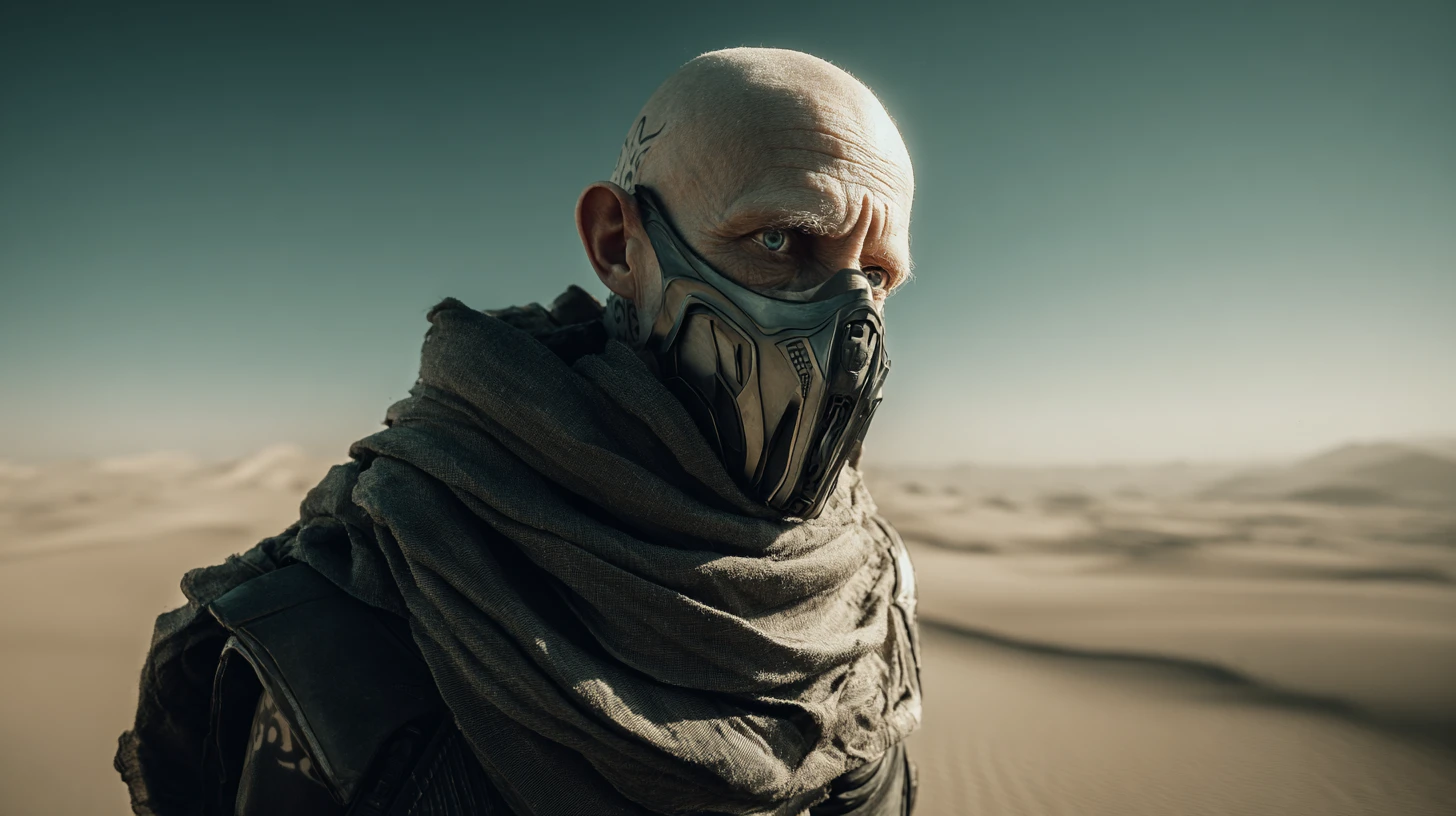 Homem careca de ficção científica com máscara respiratória no deserto