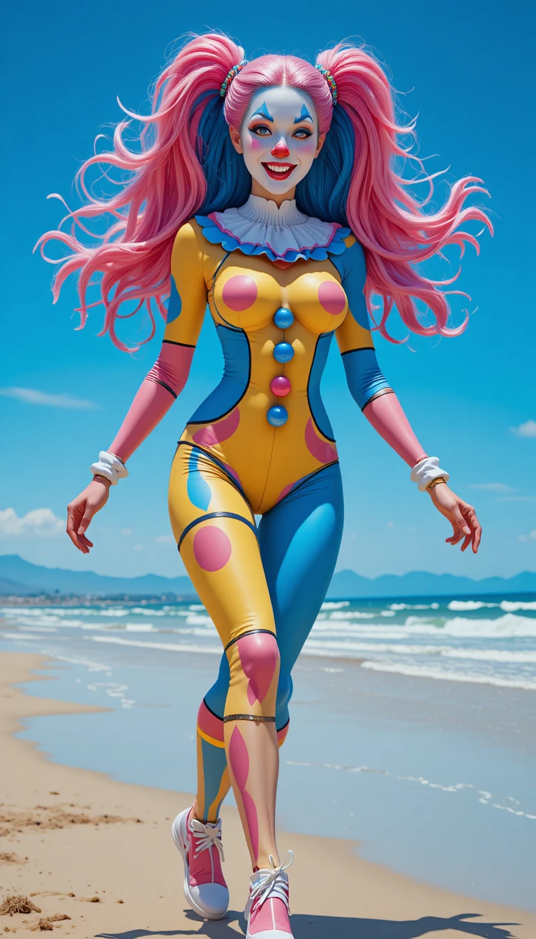 Mulher com bodypainting de palhaço colorido correndo em praia ensolarada
