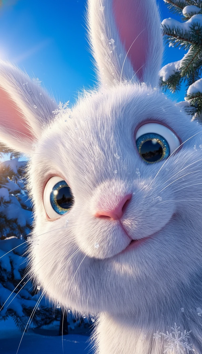 Nariz de coelho branco curioso em close na floresta nevada