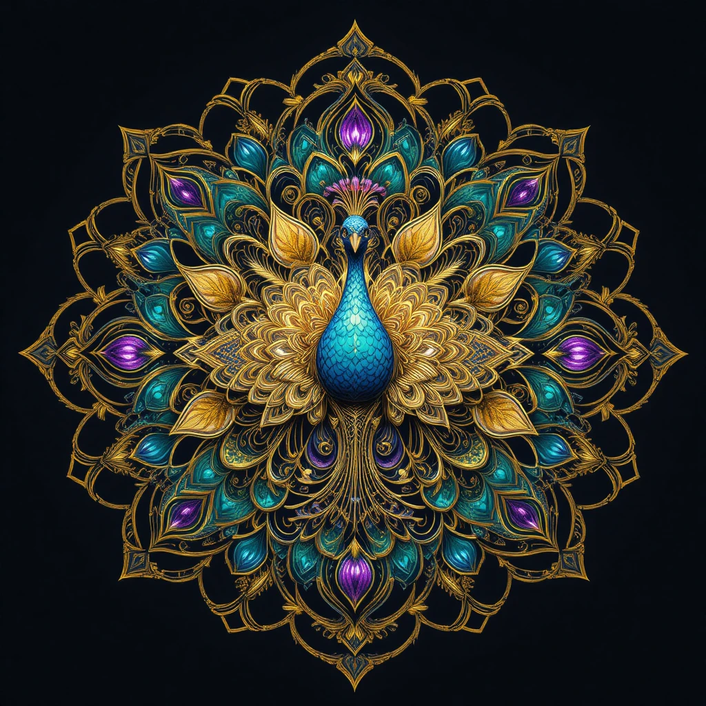 Pavone mandala con radianti motivi geometrici sulle piume