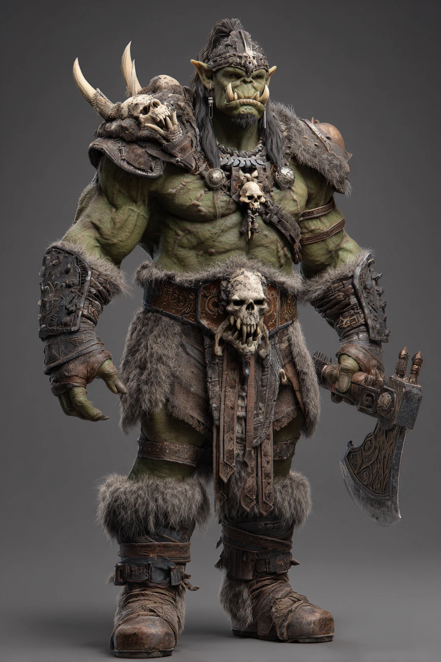 General orco musculoso con trofeos de calaveras y hacha de batalla