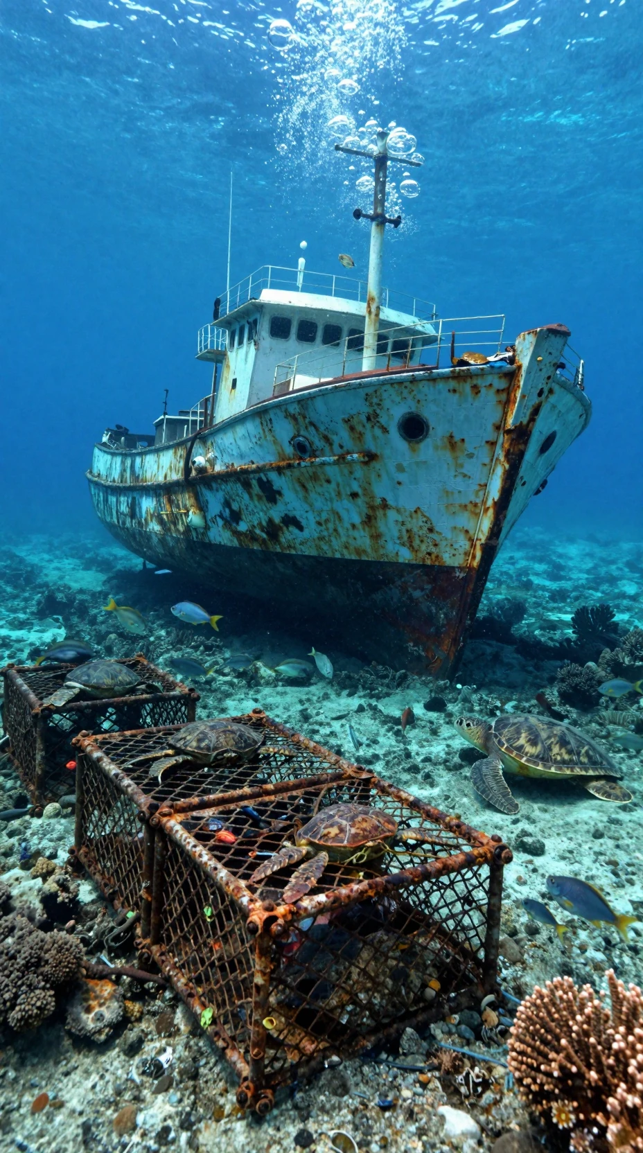 Velho barco de caranguejo naufragado no fundo calmo do oceano