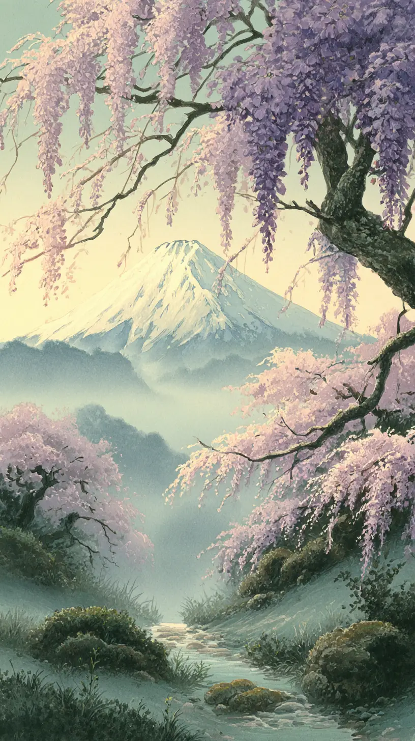 櫻花與柔和天空下的神聖山景